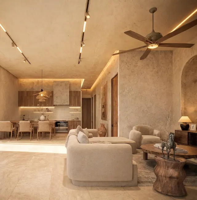 Impression of the living, dining and kitchen area
